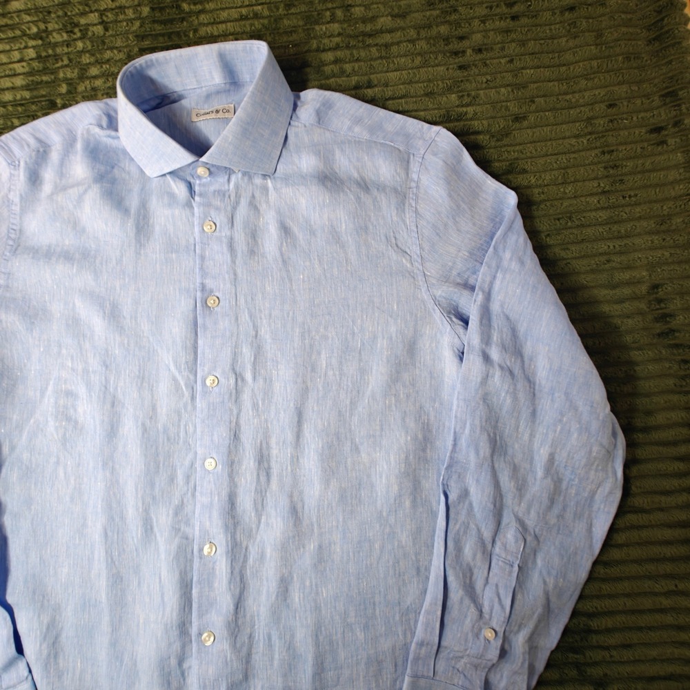 Collars & Co Mens Light Blue 100% Linen Long Sleeve Button Down Shirt Size L - Picture 11 of 15